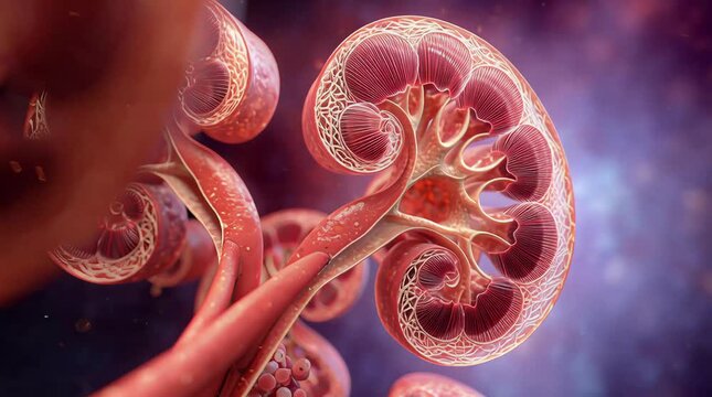 Detailed 4K Video Render of Human Kidney Cross-Section with Nephron Structures, Medical Illustration