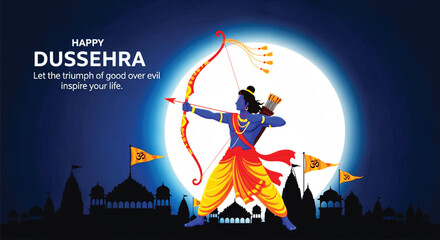 Lord Rama aiming bow and arrow against full moon background during Dussehra festival celebration featuring traditional Indian temple silhouettes and spiritual cultural graphic design. © SWEET