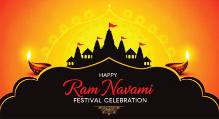 Ram Navami festival greeting card featuring silhouette of Ayodhya Ram Mandir temple with glowing diya lamps on vibrant orange background for traditional Indian religious celebration. © SWEET