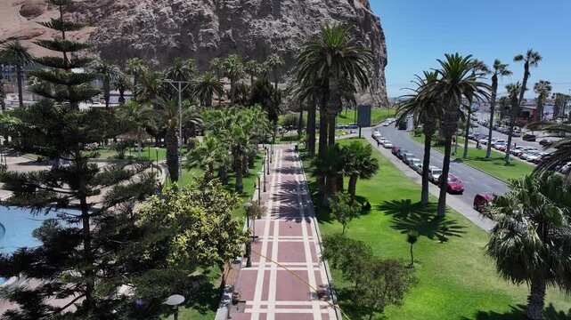 Aerial view of Morro de Arica. A historic hill linked to the history of Chile, located in the city of Arica, Chile