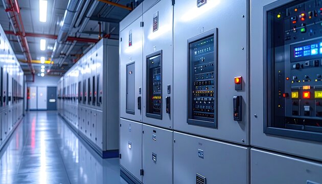 Electrical control panels in industrial facility with multiple display screens and safety switches in a long gray room