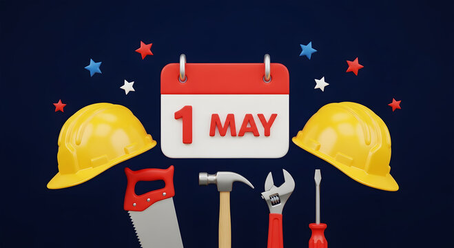 May 1st Labor Day celebration with tools and hard hats holiday