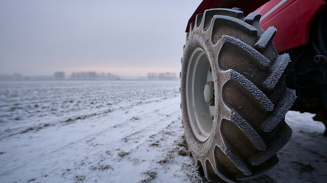 Close up view of a large tractor wheel frozen with frost in a vast winter agricultural field under an overcast, subdued sky landscape during cold season