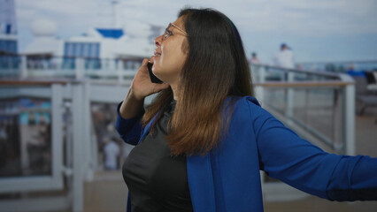 Obraz premium Woman holds smartphone to ear speaking on a cruise ship deck with glass railings and ocean in view; concern.
