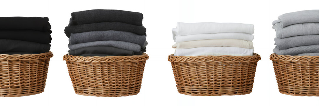 Wicker baskets with folded t- shirts in various colors t-shirts clothes