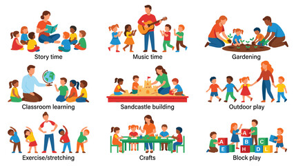 Fototapeta premium Children activities set story time music gardening outdoor play