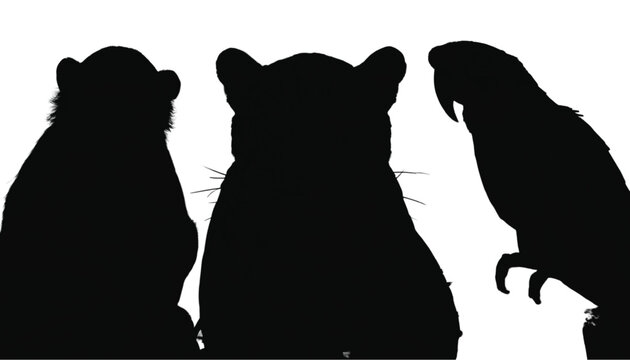 Three large animal silhouettes of a monkey, a large feline, and a parrot viewed from the rear against a.