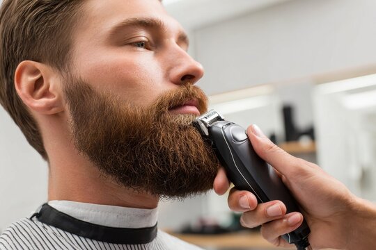 Barber trimming a beard with a trimmer, no guard, detail