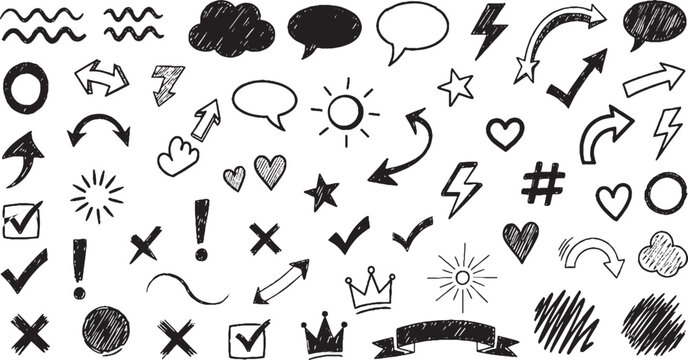 Collection of hand-drawn doodle icons: speech bubbles, arrows, stars, hearts, check marks, and lightning bolts, speech bubble