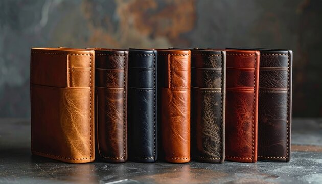 Collection of handcrafted leather bound journals displayed in a row featuring rustic textures and rich color variations for writing enthusiasts