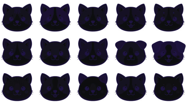 Fifteen dark purple cat head icons arranged in a three-by-five grid showing subtle variations in ear.