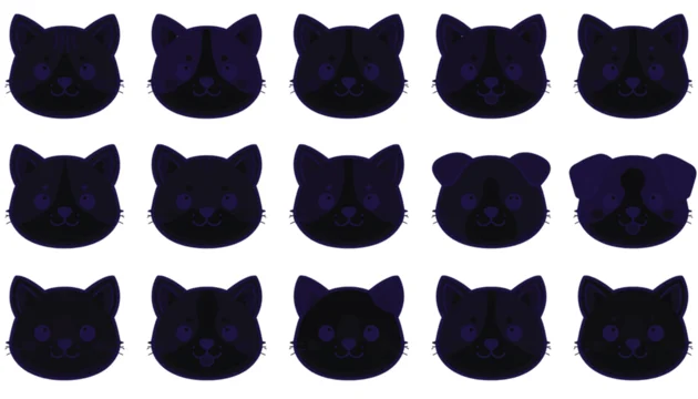 Fifteen dark purple cat head icons arranged in a three-by-five grid showing subtle variations in ear.