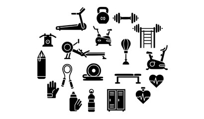 Fototapeta premium Bold glyph gym equipment icons set solid fitness symbols collection for branding and logo design