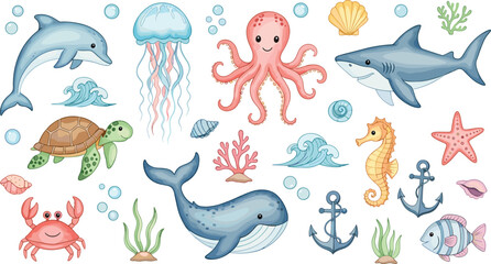 Cute ocean animals vector collection featuring dolphin shark whale octopus turtle crab jellyfish seahorse and marine elements illustration set © Kulsum