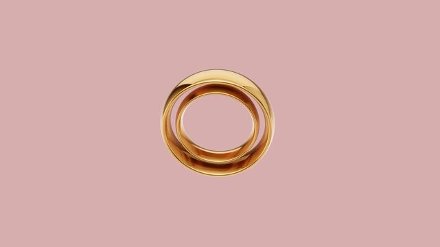 3D Render of Two Gold Wedding Rings Merging on a Pink Background Loop