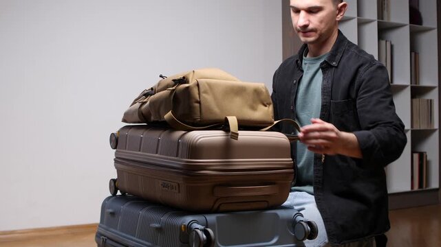 Young man packing luggage at home, stacking a travel backpack onto suitcases and trolley while organizing clothes and essentials for a weekend getaway or business trip departure