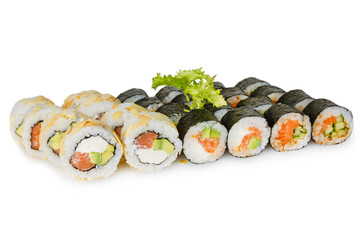 Sushi platter with cream cheese rolls nori maki salmon avocado isolated on white © smslov