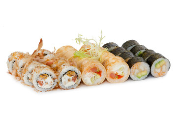 Sushi assortment with bonito flakes nori maki rolls isolated on white background © smslov