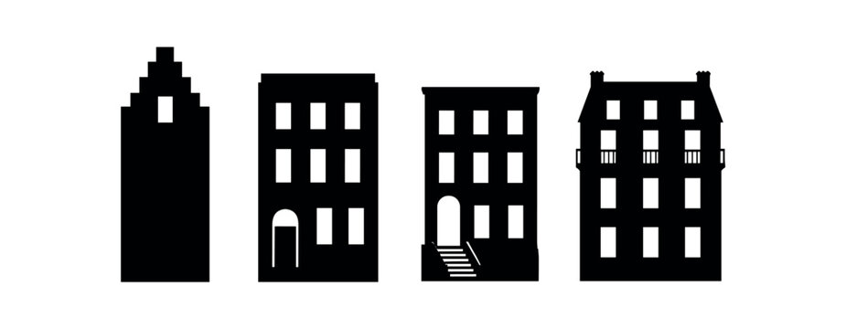 Four black narrow building silhouettes with windows, stoops and small balcony elements in a row.