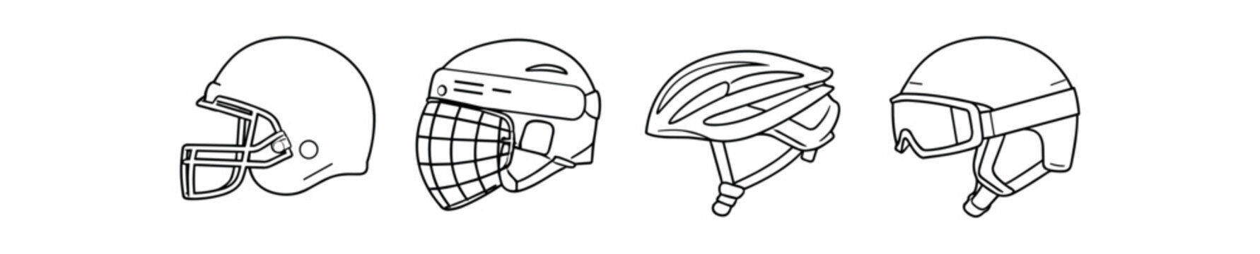 Four black outline helmet icons including football, hockey, bicycle, and ski helmet styles.