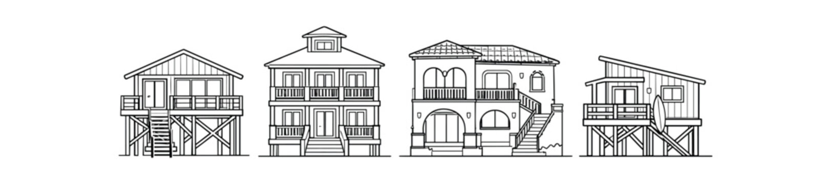 Four detailed line art beach houses on stilts showing porches balconies staircases and windows.