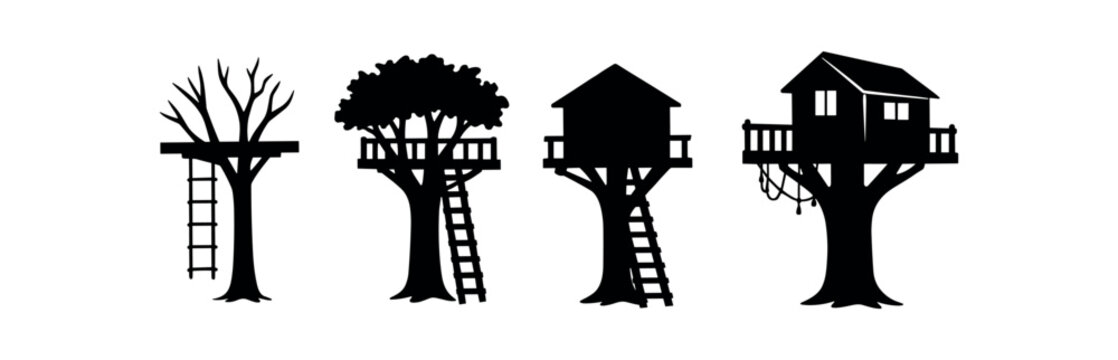 Four black treehouse silhouettes mounted on tree trunks with ladders platforms and railings.