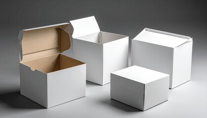 Obraz premium Open and closed blank square cardboard boxes on gray background ideal for product mockup presentation and packaging designs in studio shot