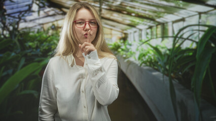 Fototapeta premium Woman with finger to lips for silence, wearing red glasses and white blouse, standing among lush plants in a greenhouse building; calm reassurance.