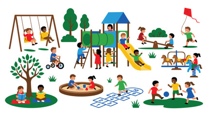 Many happy children playing various games in large outdoor playground