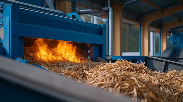 Industrial biomass gasification chamber converting agricultural waste into syngas, orange flames visible through observation window, conveyor belt feeding corn stalks, ideal for sustainable energy