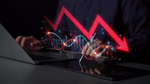 Economic caution visualized with fluctuating market graph, alert symbols, and negative data trends. Represents financial risk, market volatility, and economic uncertainty. Muxer