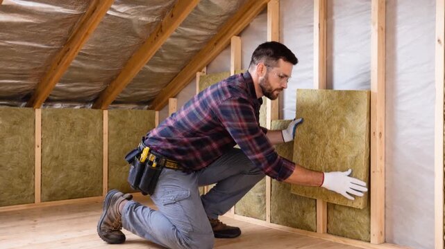 Man measures on the wall insulation in wooden frame structure.

