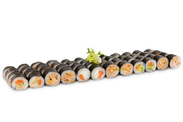 Large maki sushi rolls assortment with nori seaweed various fillings isolated white © smslov