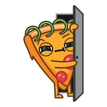 Cute pizza character, suspicious pizza man, peeking through door, modern mascot, colourful vector isolated