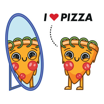 Cute pizza character, standing in front of the mirror, self-love, acceptance, modern mascot, colourful vector isolated