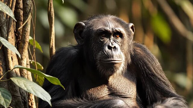 Intelligent chimpanzee observing surroundings in forest habitat