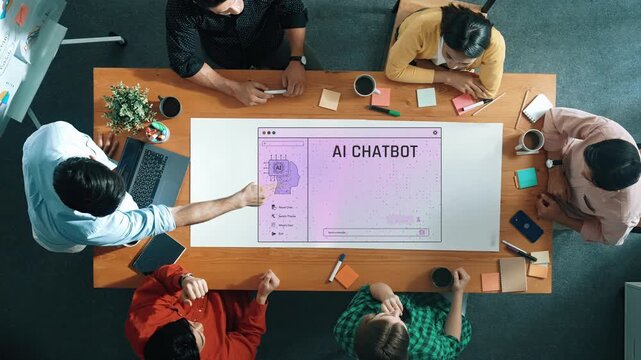 A diverse group of professionals engages in a productive meeting centered on designing an AI chatbot, showcasing teamwork and innovative thinking in a modern workspace. Raster