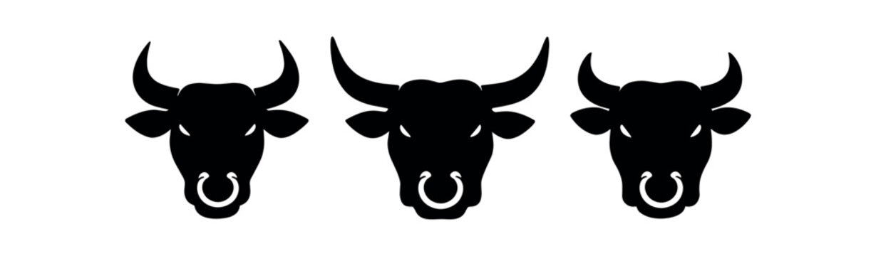 Three black bull head icons side by side showing a horned bovine face with a nose ring in simple silhouettes.