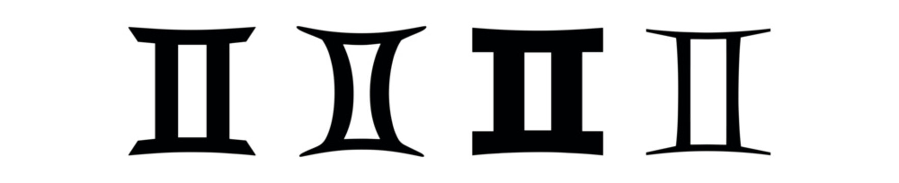 Four black stylized gemini zodiac symbols shown in different simple graphic styles on white.