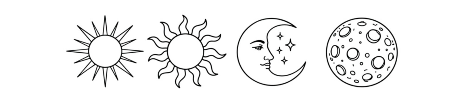 Four detailed black outline icons showing two sun styles, a crescent moon with face and stars, and a cratered moon.