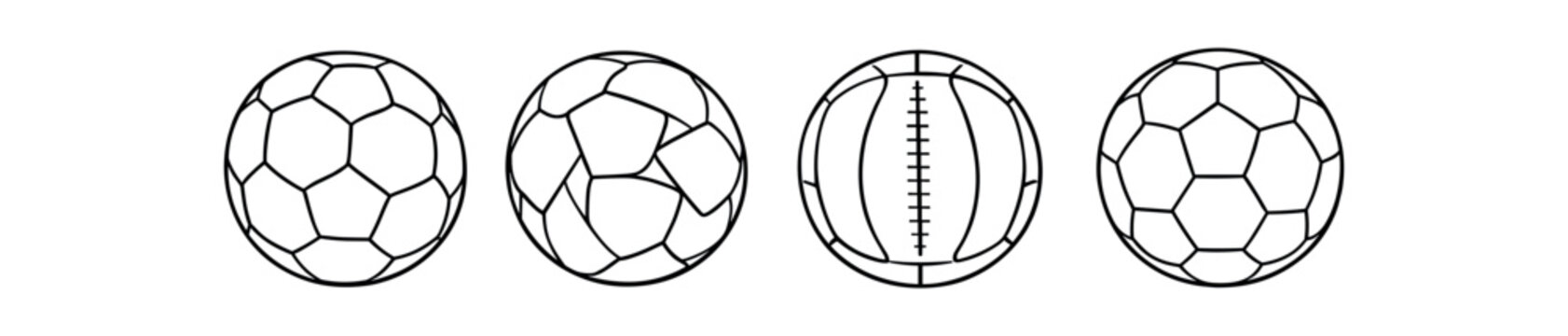 Four round outline ball icons showing soccer panel variations and one football laced variant in line art.