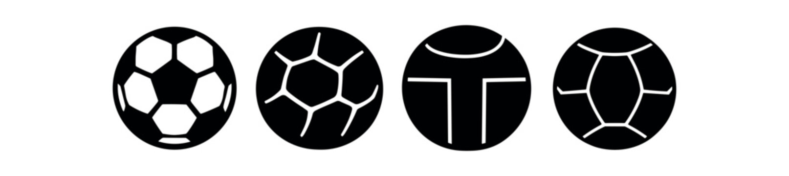 Four solid black circular soccer ball icons with different pentagon and panel pattern styles.