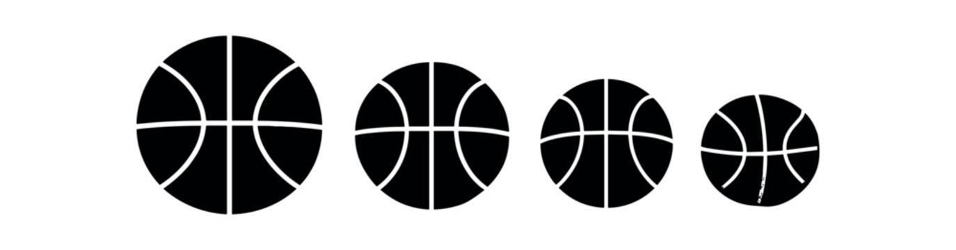 Four black basketball icons of decreasing sizes showing characteristic curved panels and spacing.