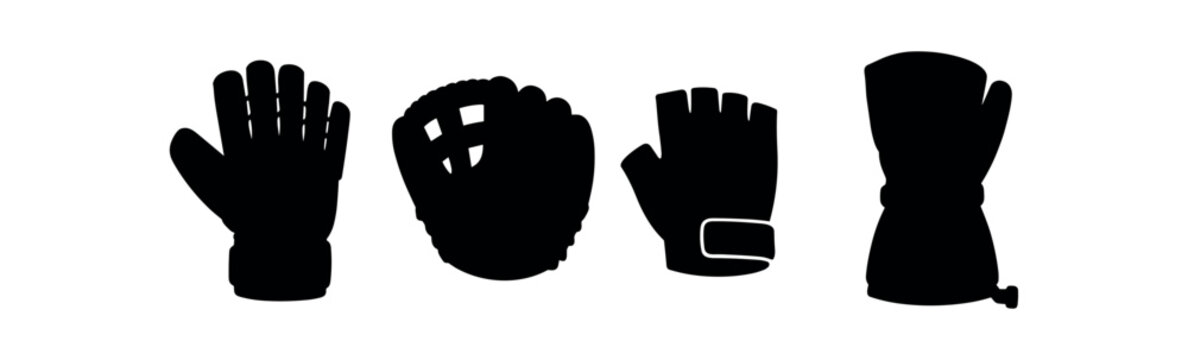 Four solid black glove silhouettes in different styles including a mitt, fingerless glove and mitten.