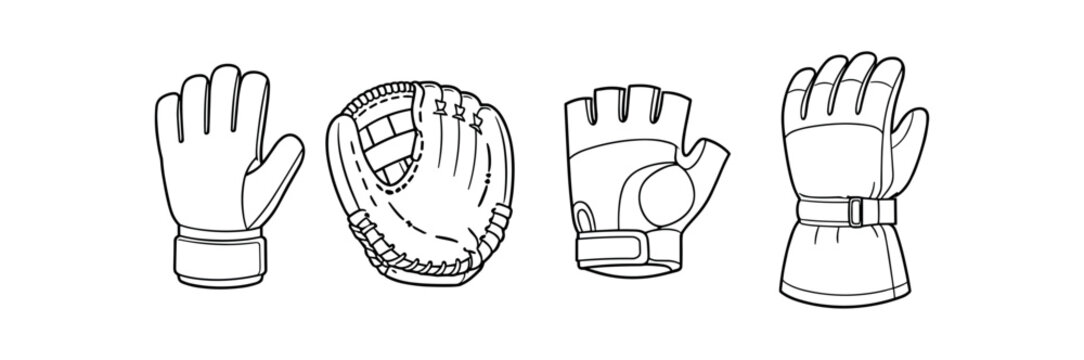 Four outlined sport gloves including a baseball catchers mitt, fingerless glove and insulated winter glove.