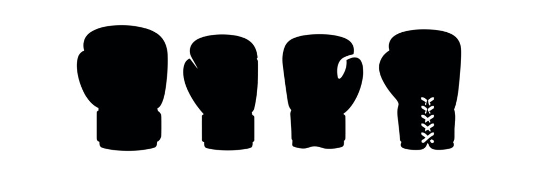Four black boxing gloves in silhouette showing different angles and lace detail.