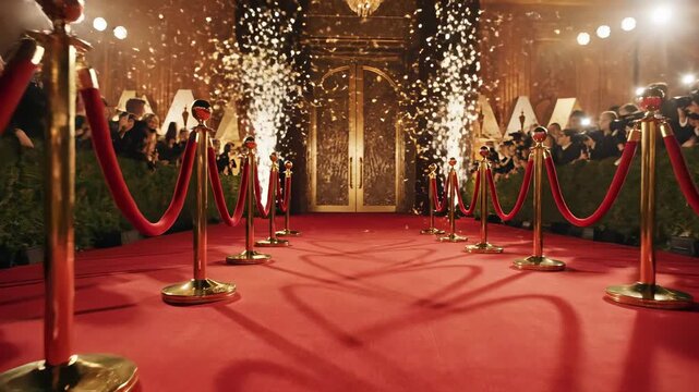 Red carpet event with glamorous atmosphere. Celebrities walk on red carpet with excitement. Festive night full of lights and cheers. Perfect for entertainment and media projects.