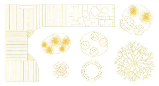 Landscape Garden Top View Vector Symbol Set &ndash; Decking Paving Fire Pit Multiview Yellow Outline Drawing