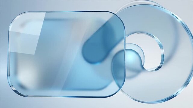 Abstract transparent glass-like shapes with blue reflections on a light gradient background, showcasing modern design and clarity.