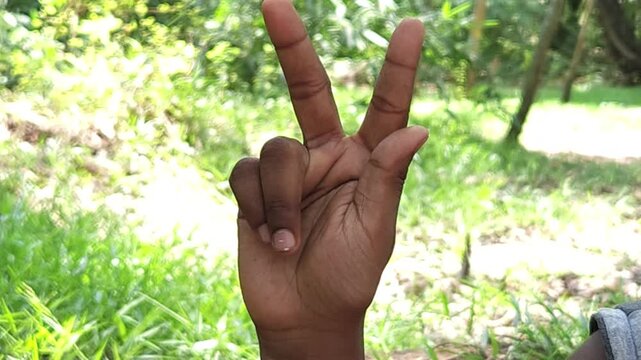 Human hand showing three fingers gesture outdoors in natural environment, close up of hand sign representing number three, counting, symbol, communication and body language concept in India